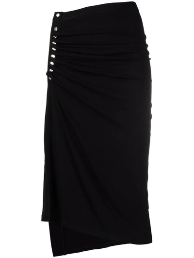 Paco Rabanne Asymmetric Snap Stretch Virgin Wool Midi Skirt In Nero