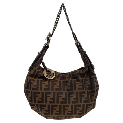 Pre-owned Fendi Tobacco Zucca Canvas And Patent Leather Chef Chain Link Hobo In Brown