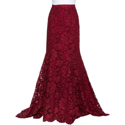 Pre-owned Oscar De La Renta Burgundy Lace Asymmetric Hem Maxi Skirt M