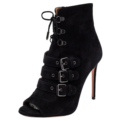 Pre-owned Aquazzura Black Suede Lace Up Ankle Boots Size 37