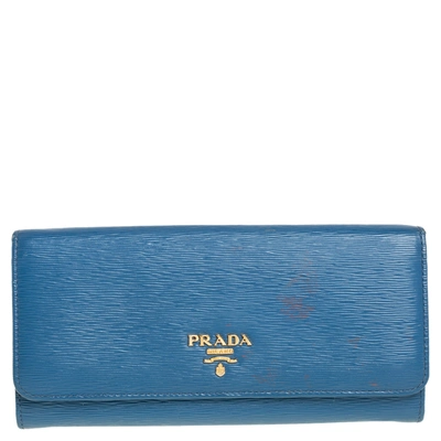 Pre-owned Prada Blue Vitello Move Leather Flap Continental Wallet