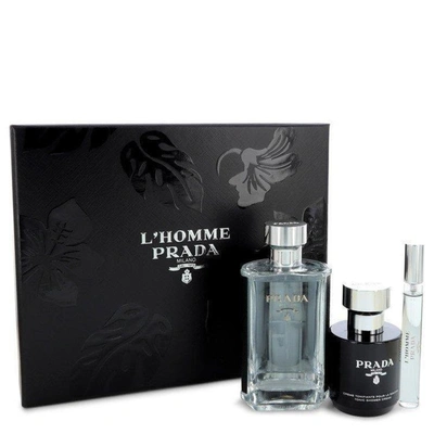 Prada L'homme By  Gift Set -- 3.4 oz Eau De Toilette Spray + .34 oz Mini Edt Spray + 3.4