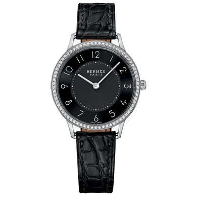 Pre-owned Hermes Slim D Quartz Diamond Black Dial Ladies Watch 044834ww00