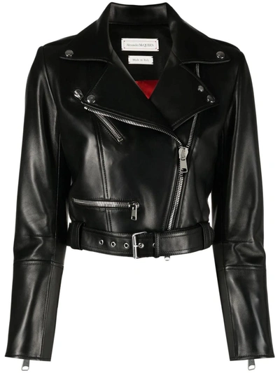 Alexander Mcqueen Crop Leather Biker Jacket In Black