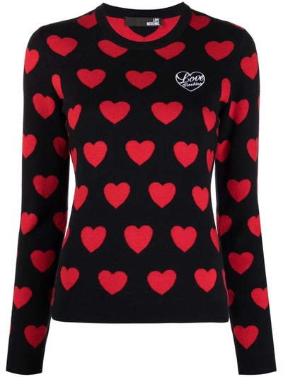 Love Moschino Crewneck Viscose Blend Heart Sweater In Black