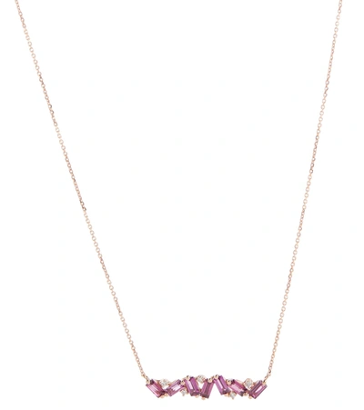 Suzanne Kalan Frenesia Bar 14kt Gold Necklace With Rhodolite And Diamonds In Pink