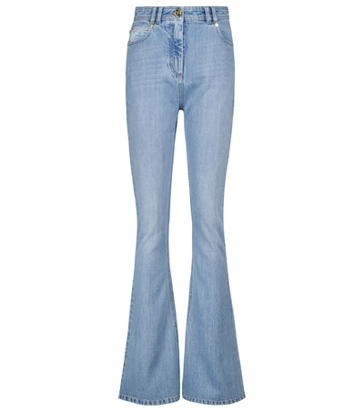 Balmain Flared Denim Jeans With Logoed Inserts In Light Blue