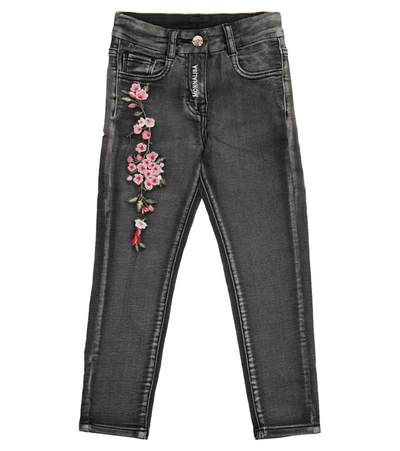 Monnalisa Kids' Floral-embroidered Stonewashed Jeans In Black