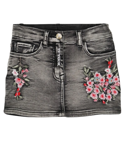 Monnalisa Kids' Denim Skirt With Floral Embroidery In Black