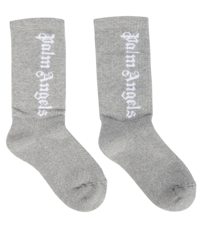 Palm Angels Kids Logo-print Cotton-blend Knitted Socks In Grey