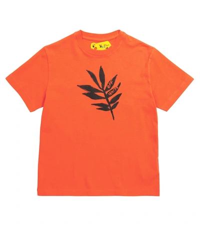 Off-white Kids' Leaf-motif Cotton T-shirt In Orange