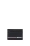 HUGO HUGO BOSS - LEATHER CARD HOLDER WITH RED STRIPE LOGO - BLACK