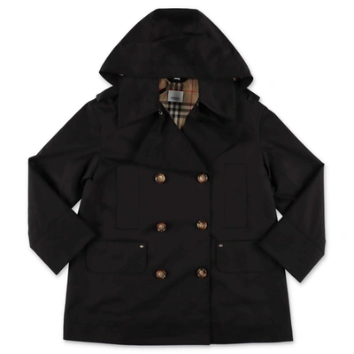 Burberry Kids' Trench Nero Merel In Cotone Con Cappuccio