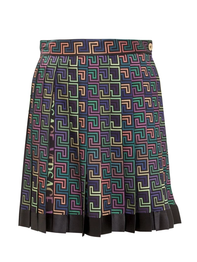 Versace Greca Neon-print Pleated Skirt In Multi