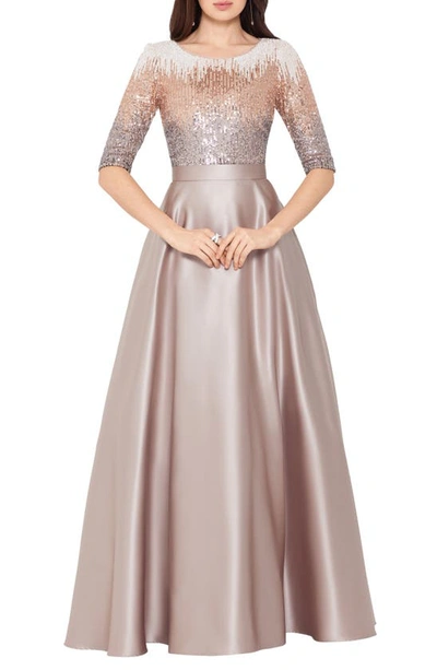 Betsy & Adam Petite Embellished Satin Gown In Mocha
