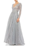 Mac Duggal Embellished Long Sleeve Mesh A-line Gown In Platinum