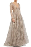 Mac Duggal Embellished Long Sleeve Mesh A-line Gown In Taupe