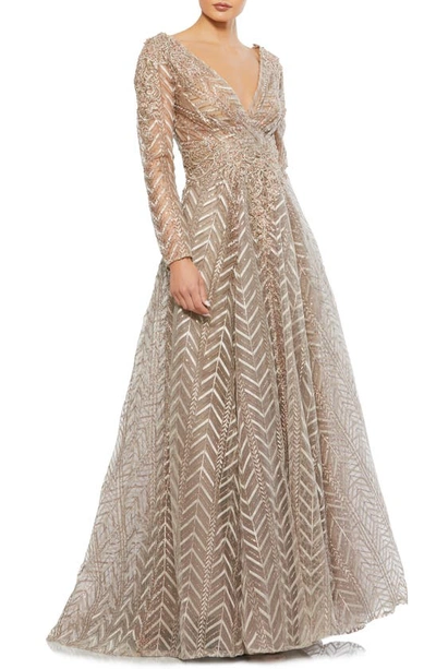 Mac Duggal Embellished Long Sleeve Mesh A-line Gown In Taupe