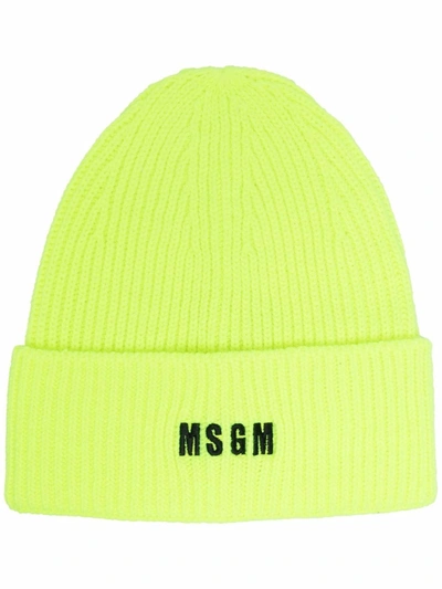 Msgm Chunky Knit Hat With Logo In Giallo
