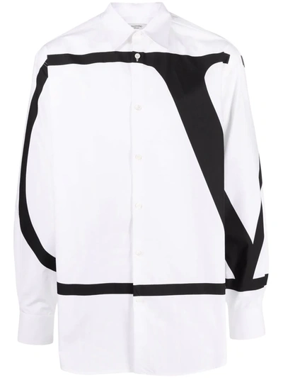Valentino Cotton Poplin Shirt With V Logo Print In White/ Black