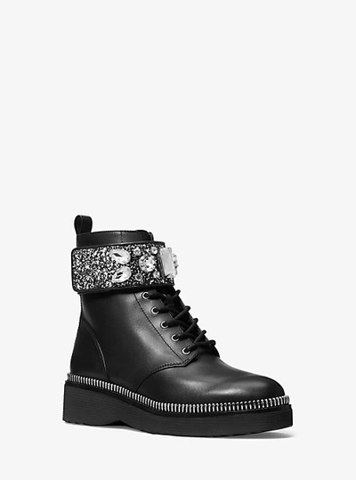 MICHAEL KORS HASKELL EMBELLISHED GLITTER AND LEATHER COMBAT BOOT 