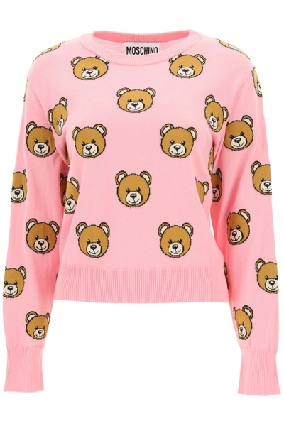 Moschino Pull In Cotone Con Teddy-all-over In Pink,brown,black