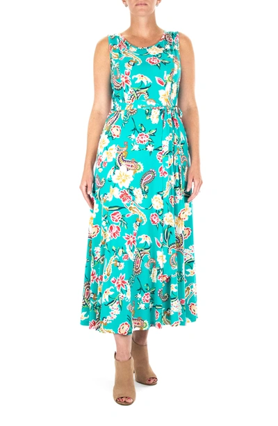 Nina Leonard Crew Neck Sleeveless Midi Dress In Teal Combo