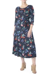 Nina Leonard Crew Neck 3/4 Length Sleeve Midi Dress In Navy/red Multi