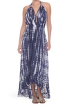 Boho Me Maxi Halter Tie Dye Dress In Navy Tie Dye