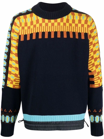 Sacai Wool & Nylon Knit Sweater In Navy