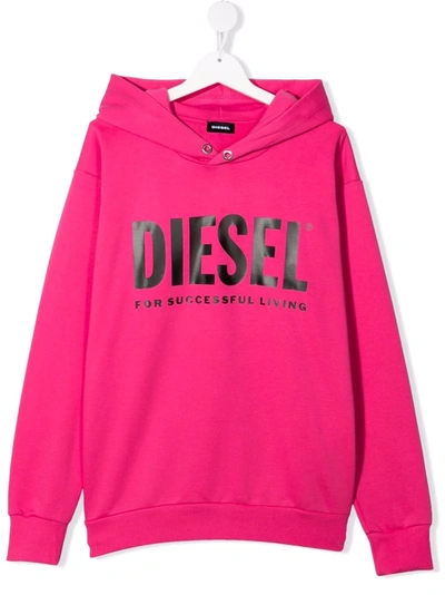 Diesel Kids Fluo Pink Hoodie With Black Oversize Logo