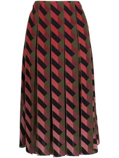Ferragamo Geometric-print Pleated Skirt In Red