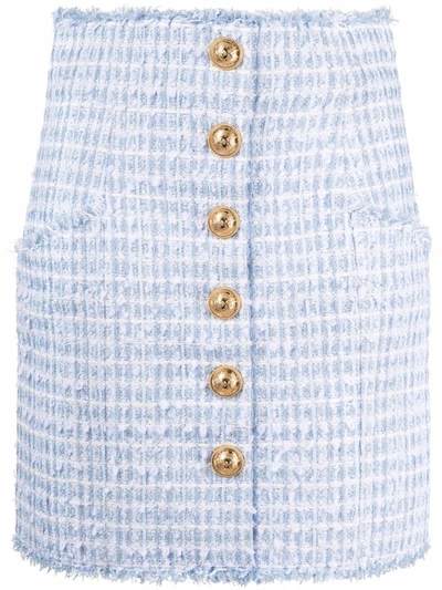 Balmain High Waist Cotton Blend Tweed Mini Skirt In Light Blue