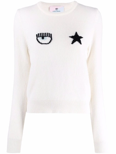Chiara Ferragni Eyestar Intarsia-knit Crew-neck Jumper In White
