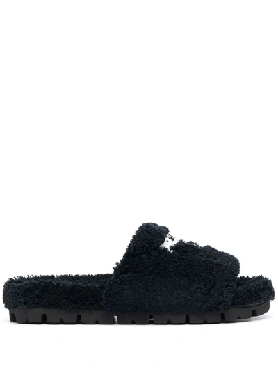 Prada Logo-embroidered Slippers In Black