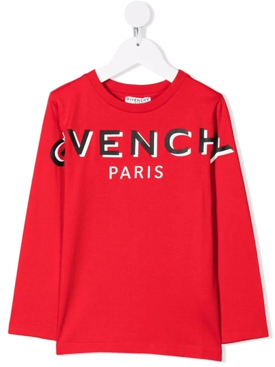 Givenchy Kids' Red Long-sleeved Cotton T-shirt With Logo Print In Rosso Vivo