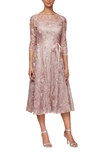 Alex Evenings Belted Floral Embroidered Midi Dress In Rose
