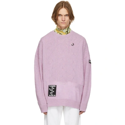 Raf Simons Reversed Slogan-patch Cabled-wool Sweater In Purple