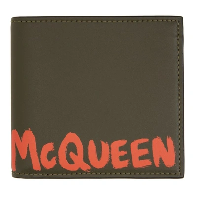 Alexander Mcqueen Mens Khaki/warm Orange Graffiti Logo Leather Billfold Wallet In 2868 Khaki/warm Oran