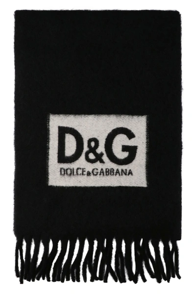 Dolce & Gabbana Wool Blend Scarf With Logo Intarsia In Nero
