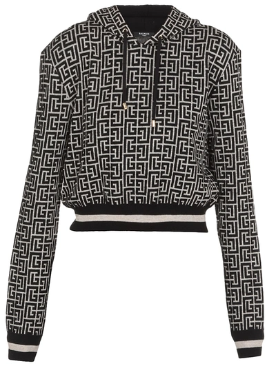 Balmain Pb Monogram Jacquard Cropped Hoodie In Ivoire/noir