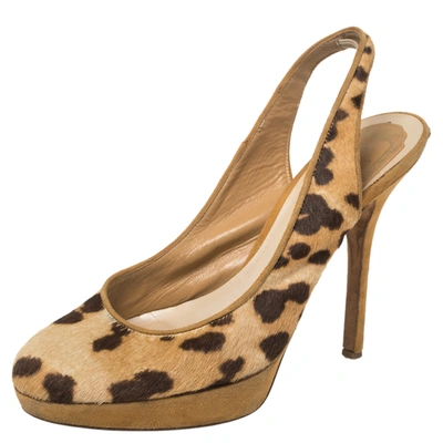 Pre-owned Dior Brown/beige Leopard Print Calf Hair And Suede Slingback Platform Pumps Size 37