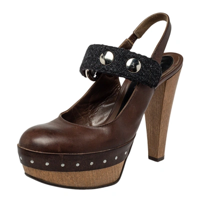 Pre-owned Marni Brown/black Fabric And Leather Mary Jane Buckle Strap Pumps Size 40