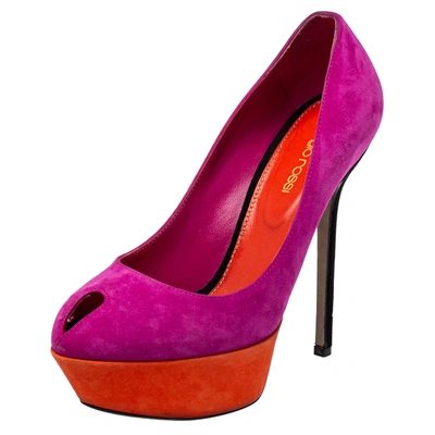 Pre-owned Sergio Rossi Purple/orange Suede Peep Toe Pumps Size 37.5