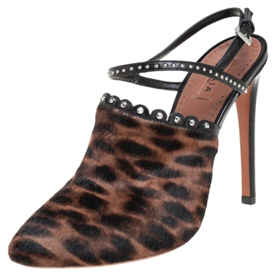 Pre-owned Alaïa Brown Leopard Print Calf Hair And Black Studded Leather Slingback Sandals Size 37