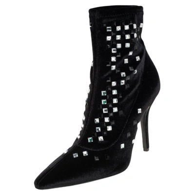 Pre-owned Giuseppe Zanotti Black Velvet Crystal Embellished Ankle Boots Size 36
