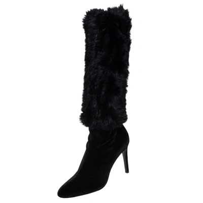 Pre-owned Giuseppe Zanotti Black Stretch Fabric And Fur Bimba Knee High Boots Size 40