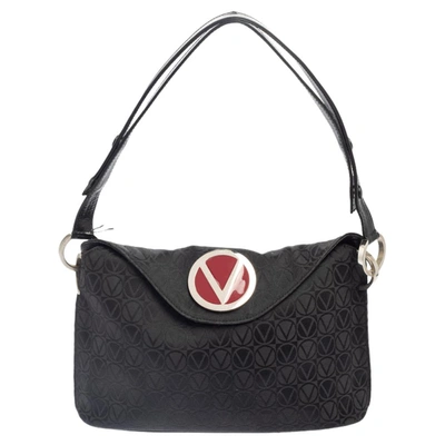 Pre-owned Valentino Garavani Black Monogram Canvas And Leather Round Vring Logo Baguette Bag