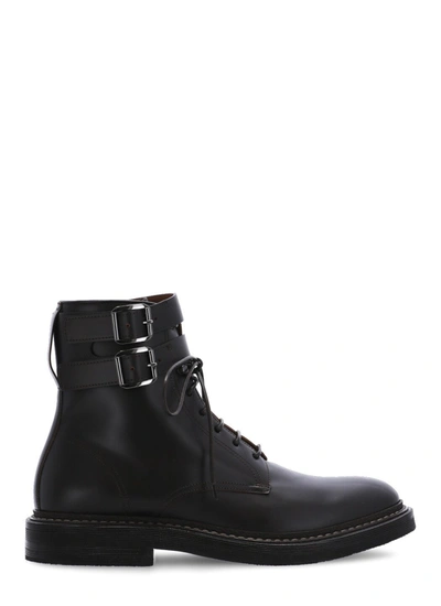 Brunello Cucinelli Men's Leather Combat Boots W/ Removable Buckle Strap In C8136 Dark Brown
