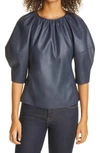 REBECCA TAYLOR FAUX LEATHER PUFF SLEEVE BLOUSE